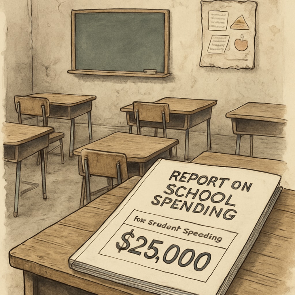 Classroom with limited resources and a report on per-student spending.