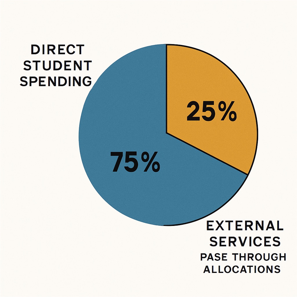 A pie chart comparing direct student spending versus external services funded through pass-through allocations. Pie chart illustrating the proportion of direct and external spending in school budgets.