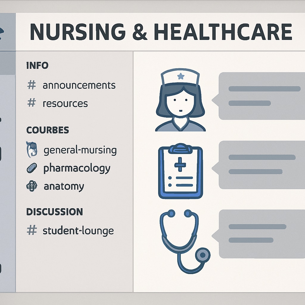 A screenshot of a well-organized Discord server dedicated to nursing and healthcare education. An educational Discord server with channels for anatomy, first aid, and nursing topics.