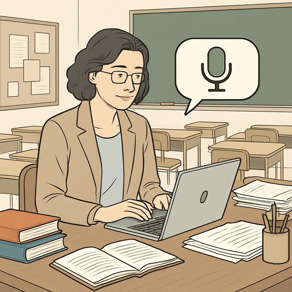 Teacher using speech recognition to transcribe student feedback in a classroom.
