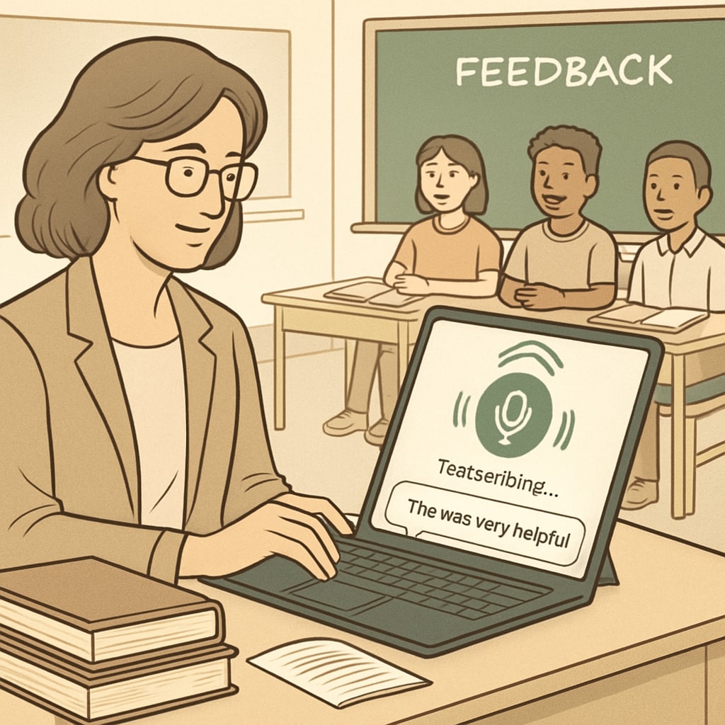 A teacher using a speech recognition tool in the classroom to transcribe feedback in real-time. Speech recognition tool assisting teachers in classroom transcription tasks.
