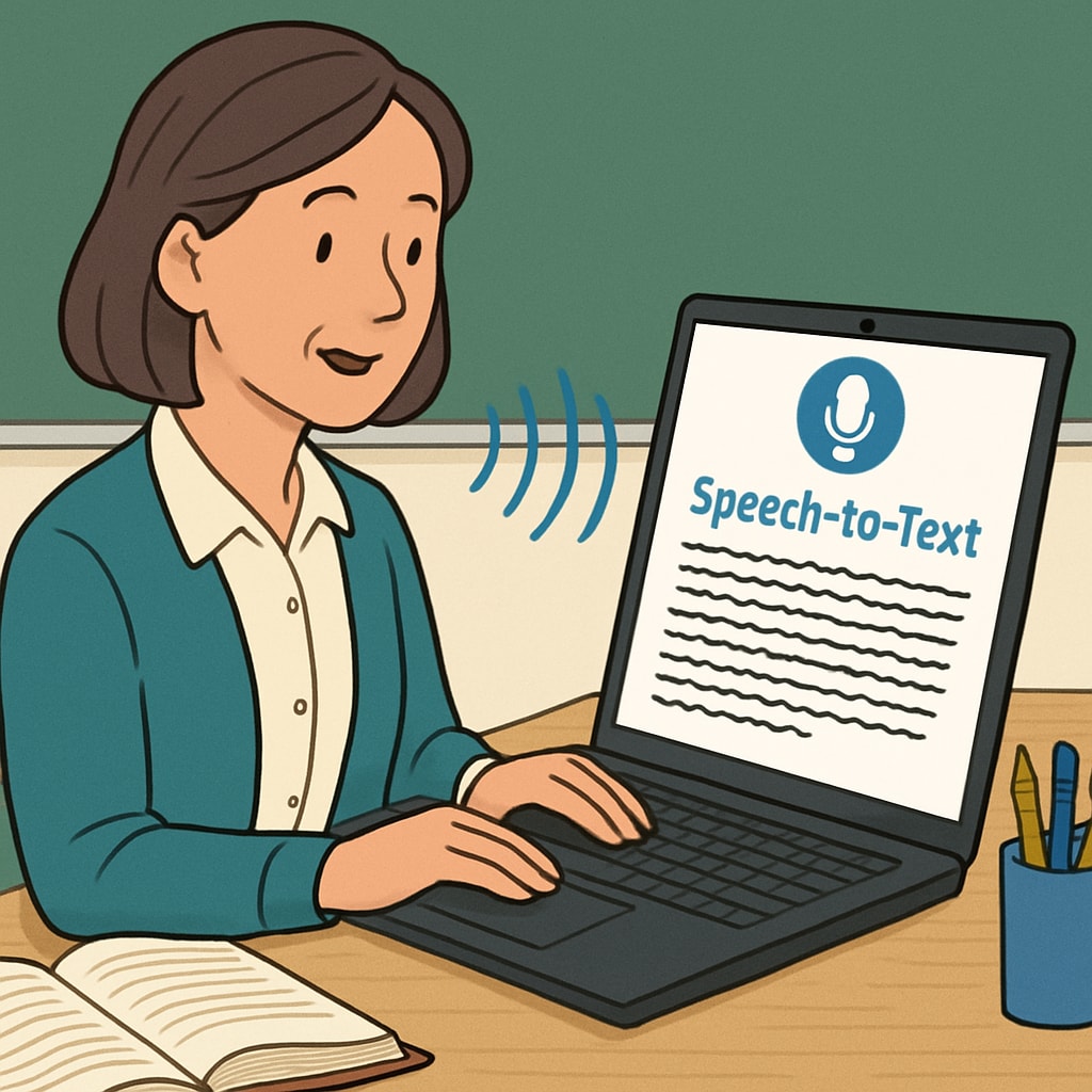 A teacher using a speech-to-text tool like WillowVoice to record feedback for students. The image shows a laptop screen with text transcription in progress. Speech-to-text tool in use for recording student feedback.