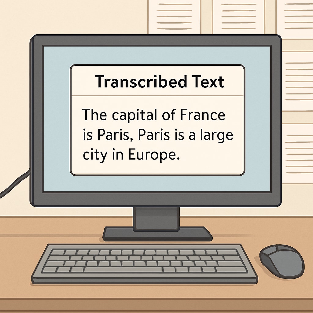 Transcribed text on a computer screen generated by speech recognition software.