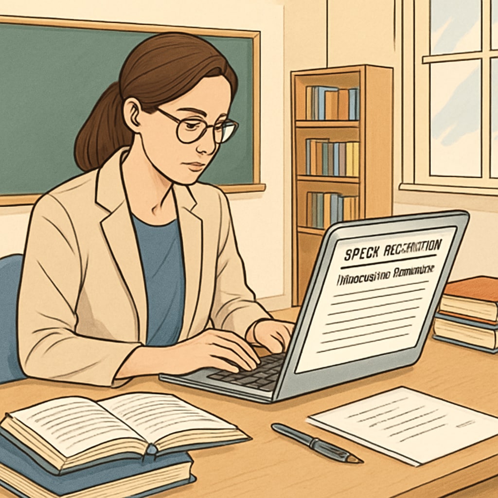 A teacher reviewing transcribed feedback from a speech recognition tool on her laptop. Teacher reviewing speech recognition-generated feedback for students.