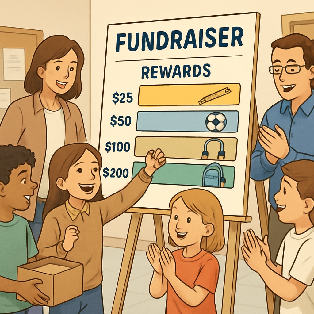 School fundraising event with a tiered rewards board highlighting donation levels.