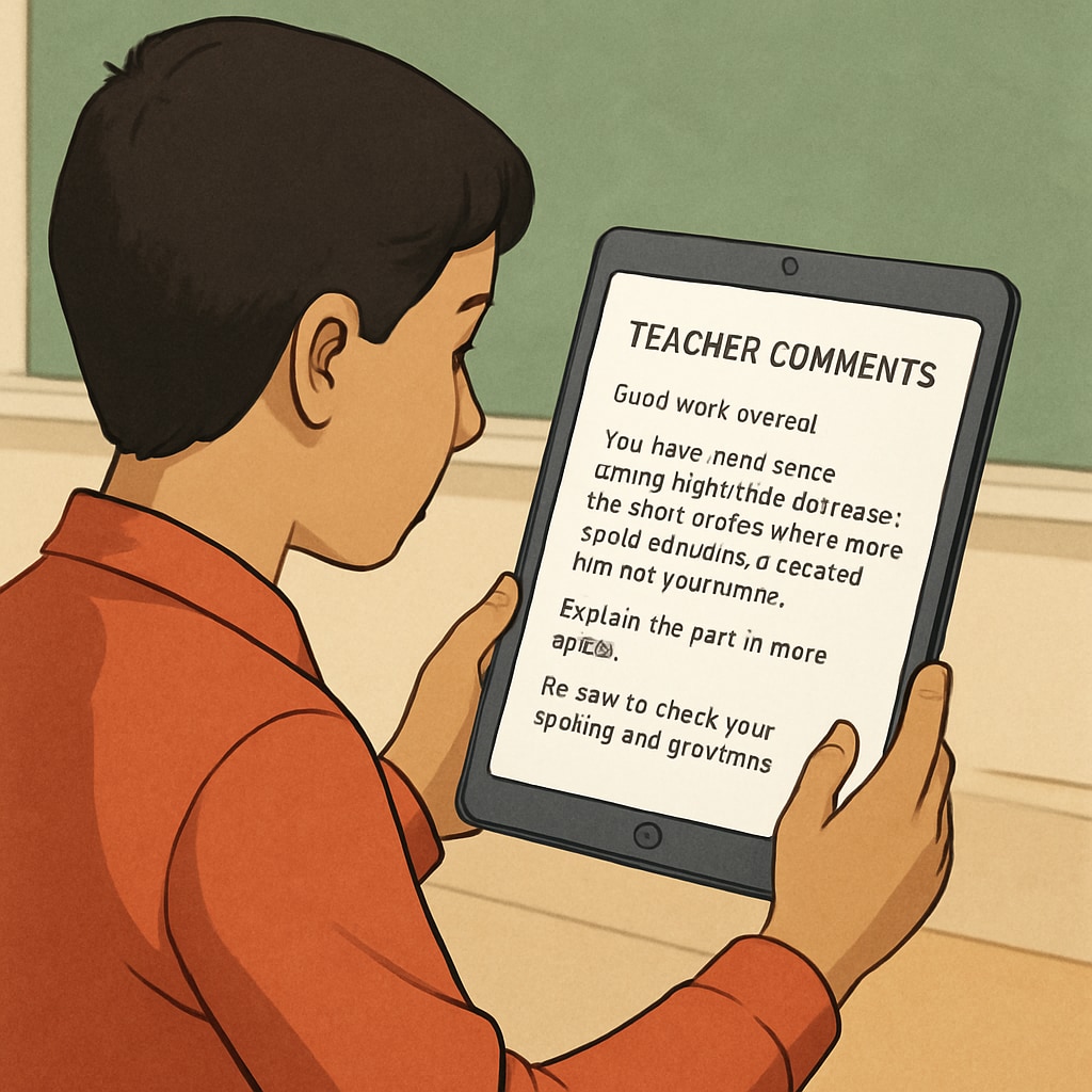 A student reading detailed feedback generated through a speech-to-text tool like WillowVoice. The image depicts a digital device, such as a tablet, displaying teacher comments. Student reviewing feedback created with a speech-to-text tool.