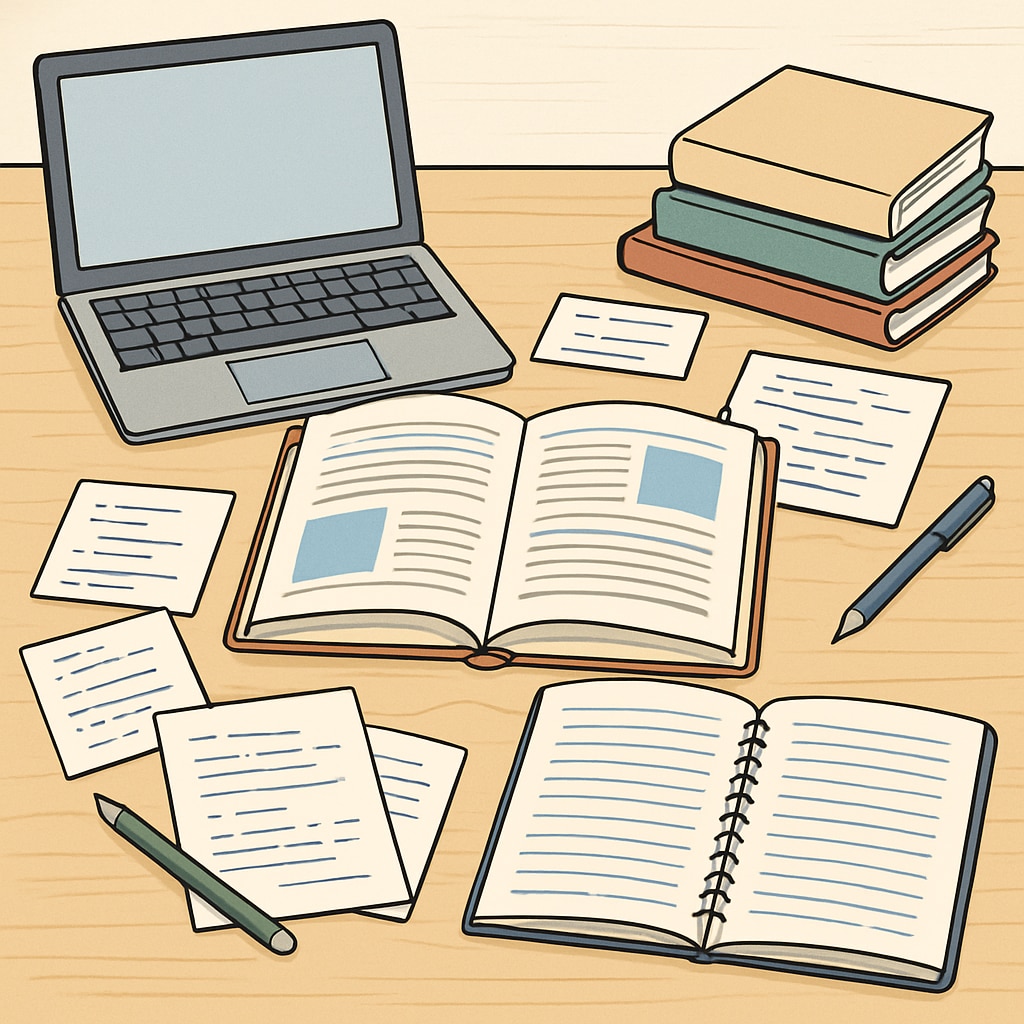 A study desk with open books, notes, and a laptop, symbolizing exam preparation. Study desk with resources for OAE exam preparation.