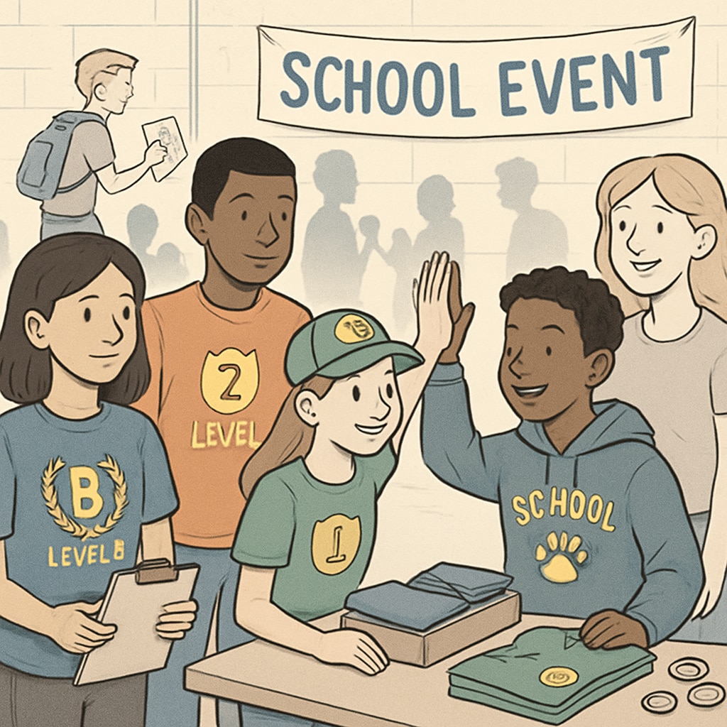 Students at a school event wearing exclusive tiered rewards merchandise.