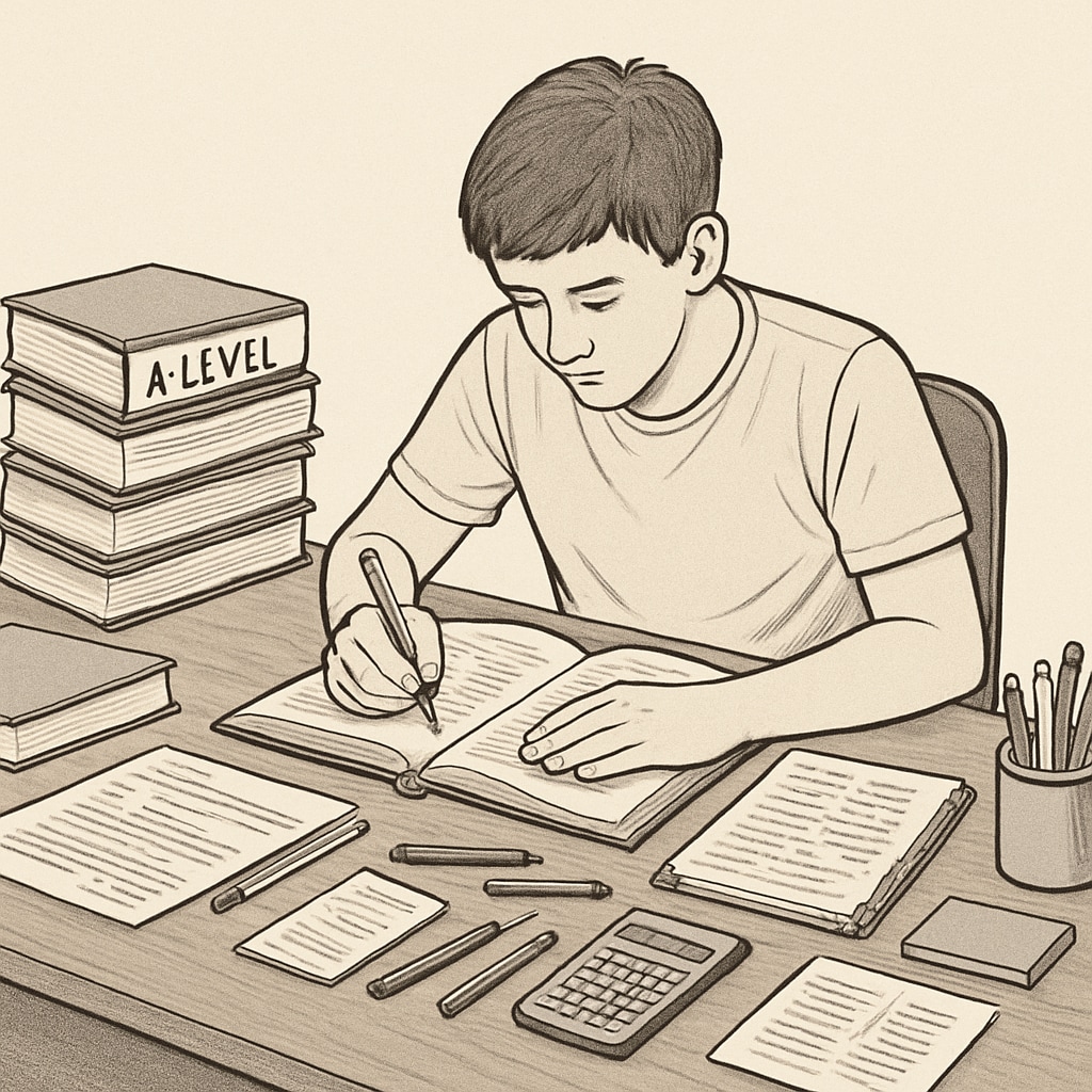 A student preparing for A-Level exam retakes, sitting at a desk with books, notes, and other study materials. A student studying for A-Level exam retakes with textbooks and notes.
