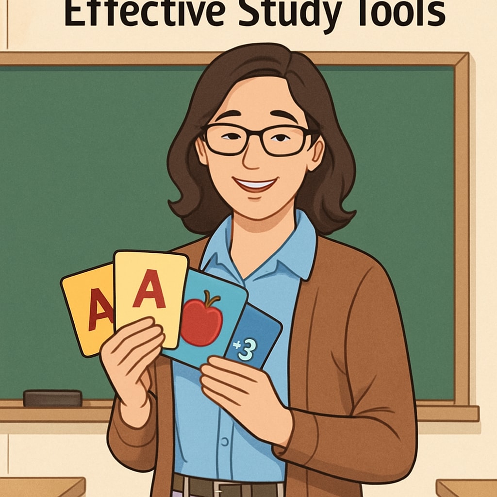 A smiling teacher holding flashcards in a classroom setting, representing effective study tools. Teacher using flashcards to prepare for the OAE exam.