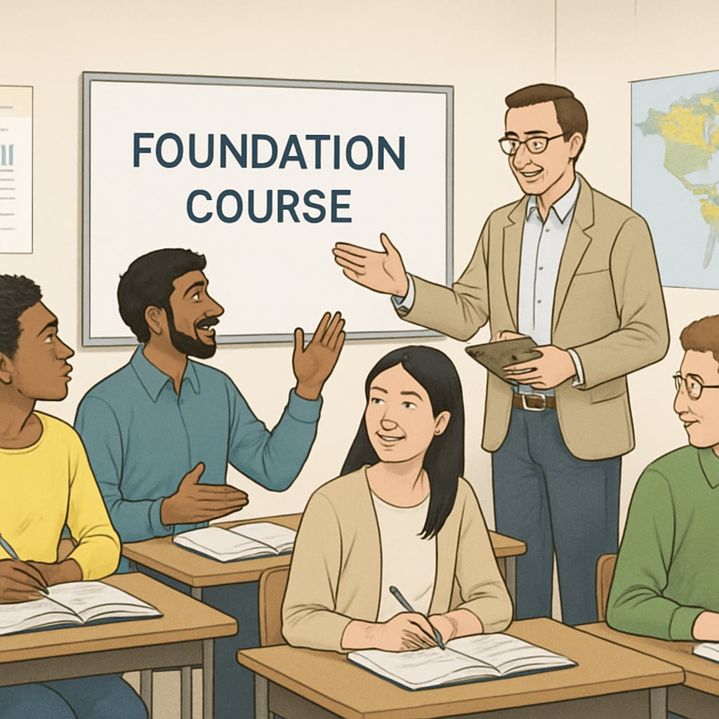 A diverse group of international students participating in a foundation course class, interacting with their instructor. International students in a foundation course classroom discussing academic topics.