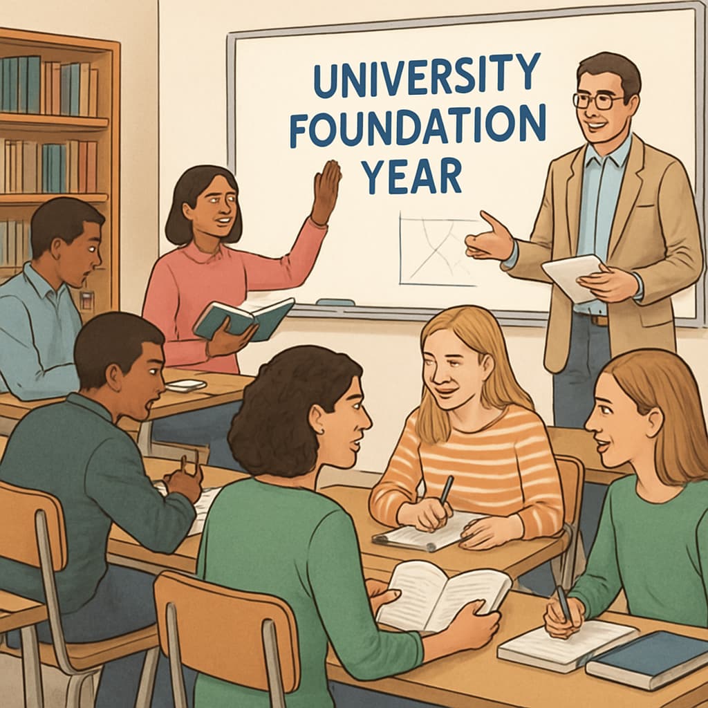A classroom setting with students participating in a university foundation year course. Students engaged in a foundation year course at university.