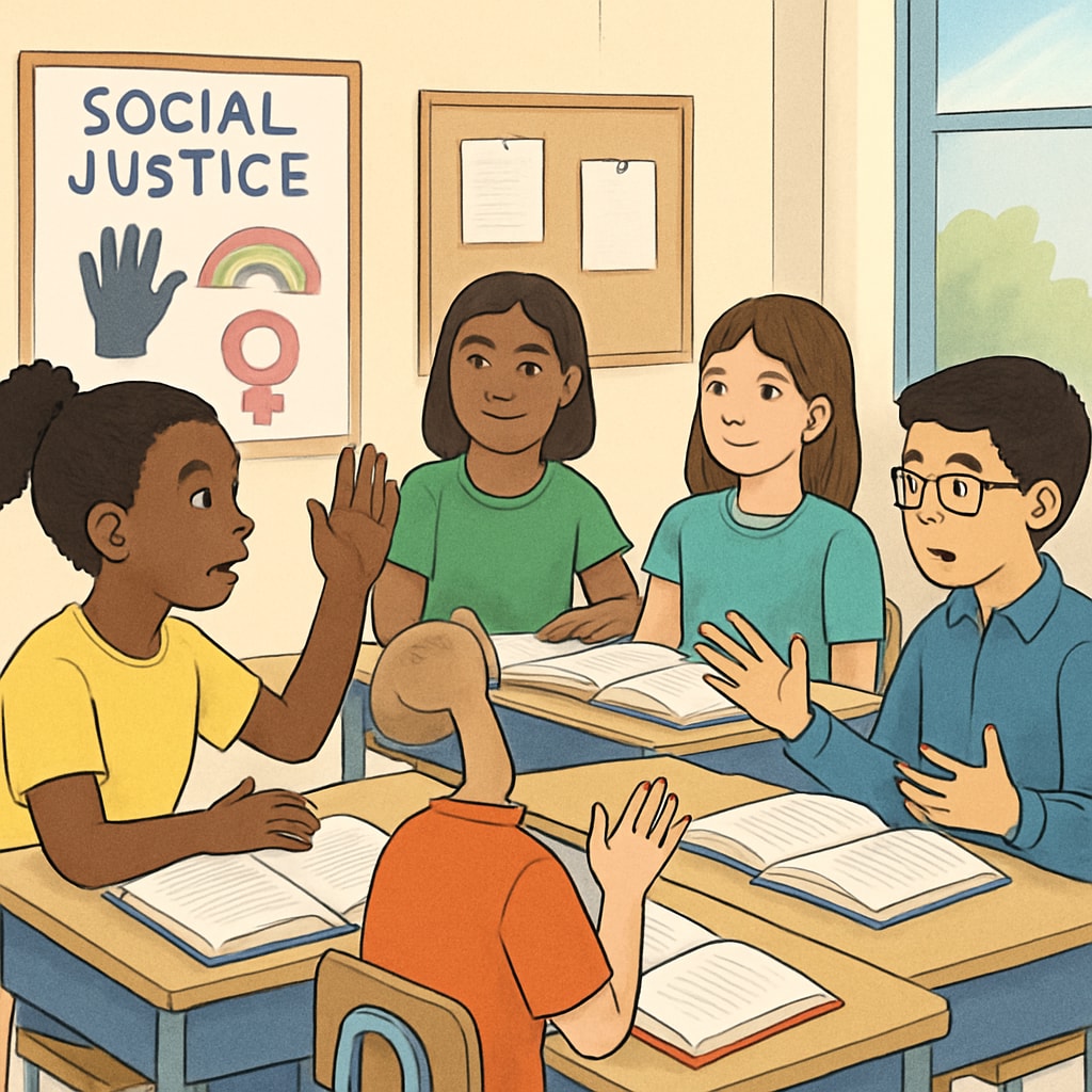 A group of diverse K12 students engaged in classroom discussion about social justice and inclusion. Students discussing social justice during class in a K12 school setting.