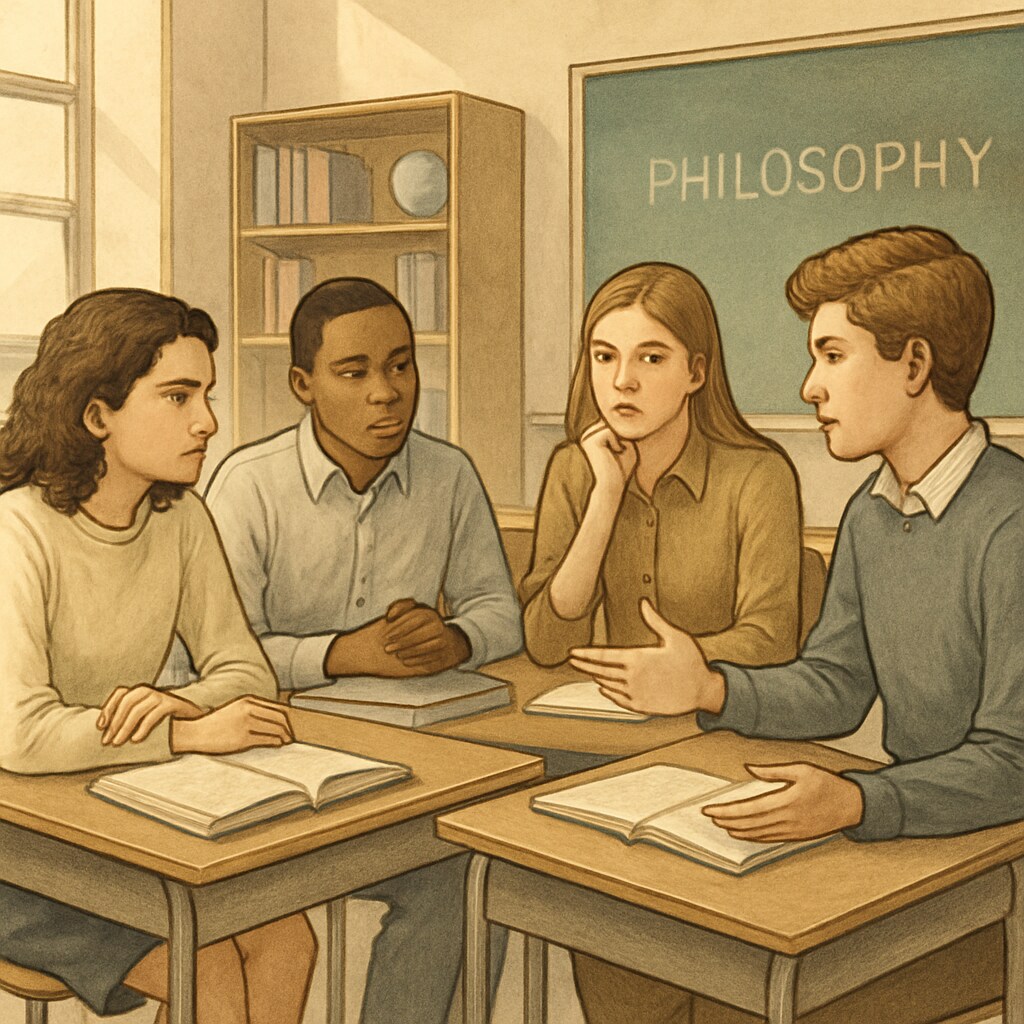 A group of teenagers engaged in a philosophy discussion in a classroom setting. Teenagers discussing philosophy in a classroom.