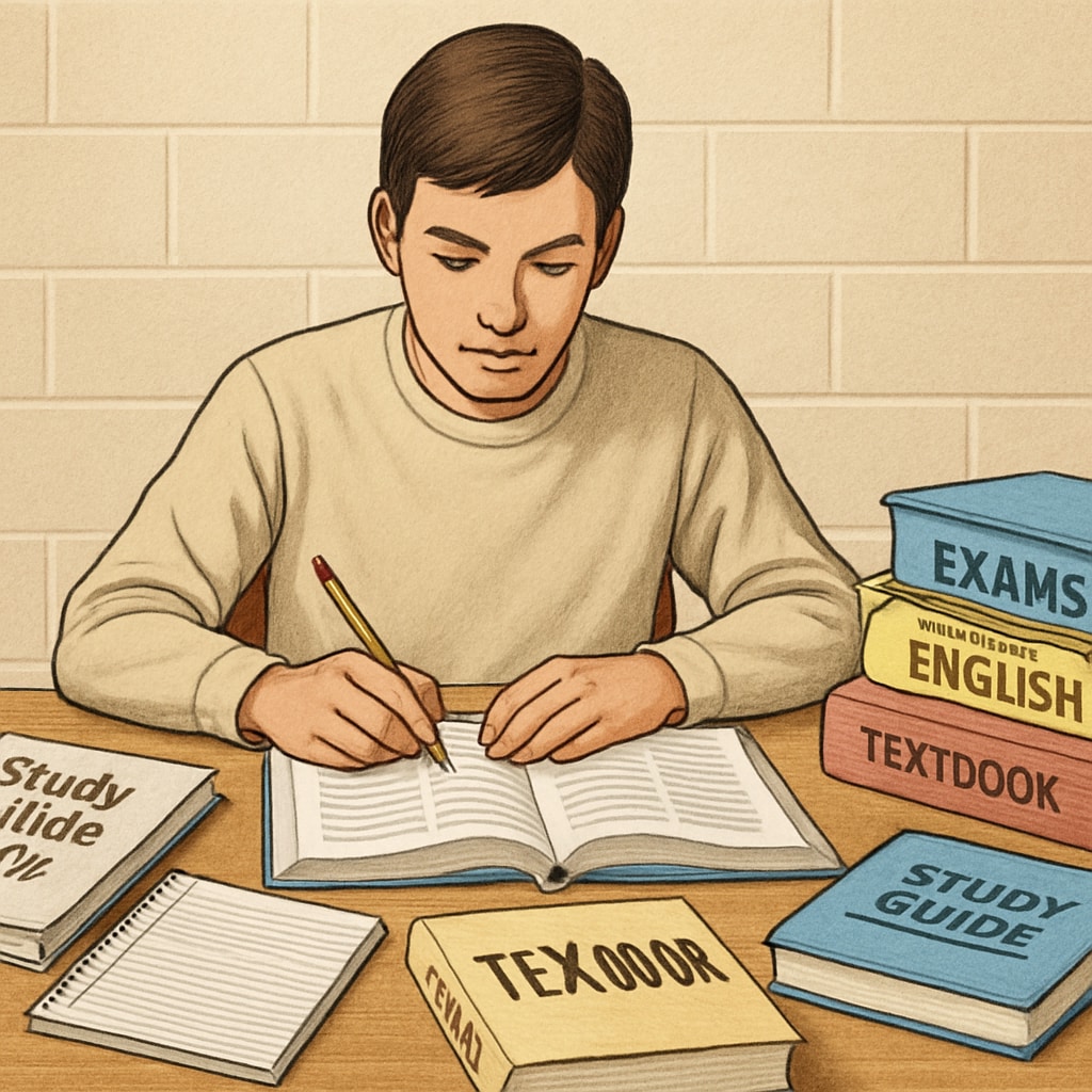 A student sitting at a desk, surrounded by study guides and exam preparation materials, representing a focused effort to prepare for the OAE exam. Student preparing for the OAE exam with study guides and notes.
