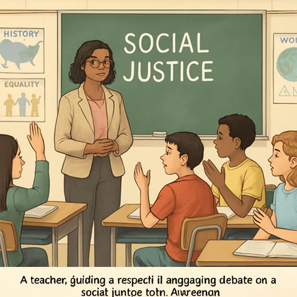 A teacher leading a respectful classroom debate on a social justice topic, with students actively participating. Teacher guiding classroom debate on social justice with engaged students.