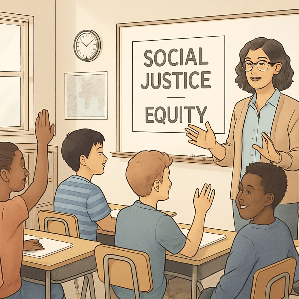 A teacher guiding students in a discussion about social justice and equity in a classroom setting. A teacher leading a classroom discussion on equity and inclusion.