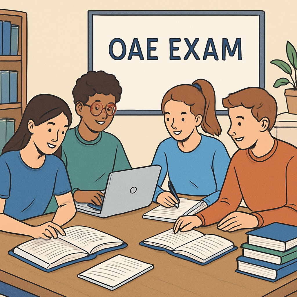 A group of students engaging in a study session, with open books and laptops, symbolizing collaborative preparation for the OAE exam. Group of students studying together for the OAE exam.