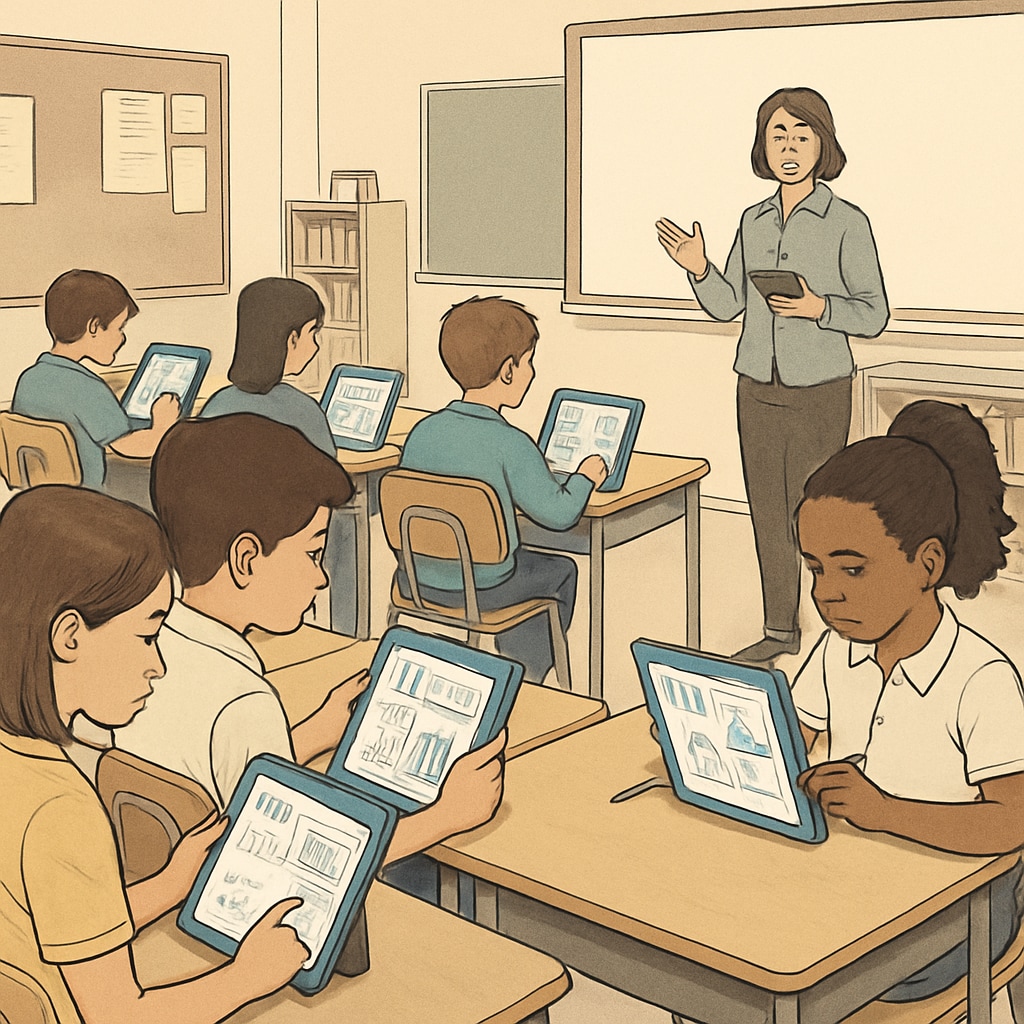A classroom with students using AI-powered tablets for personalized learning. Students in a classroom using AI technology for personalized education.