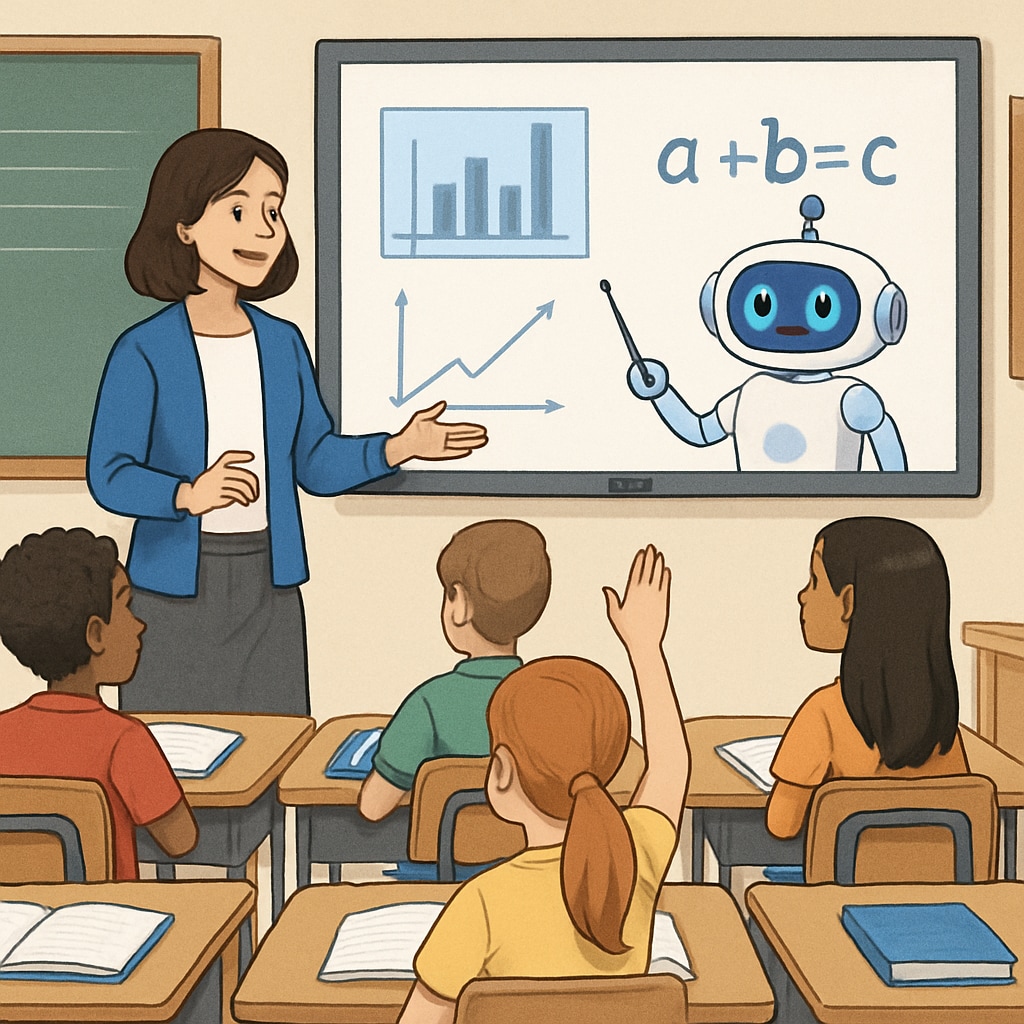 A teacher interacting with students while an AI teaching assistant displays lesson content on a smartboard. Teacher and students engaging with AI tools in a classroom setting.