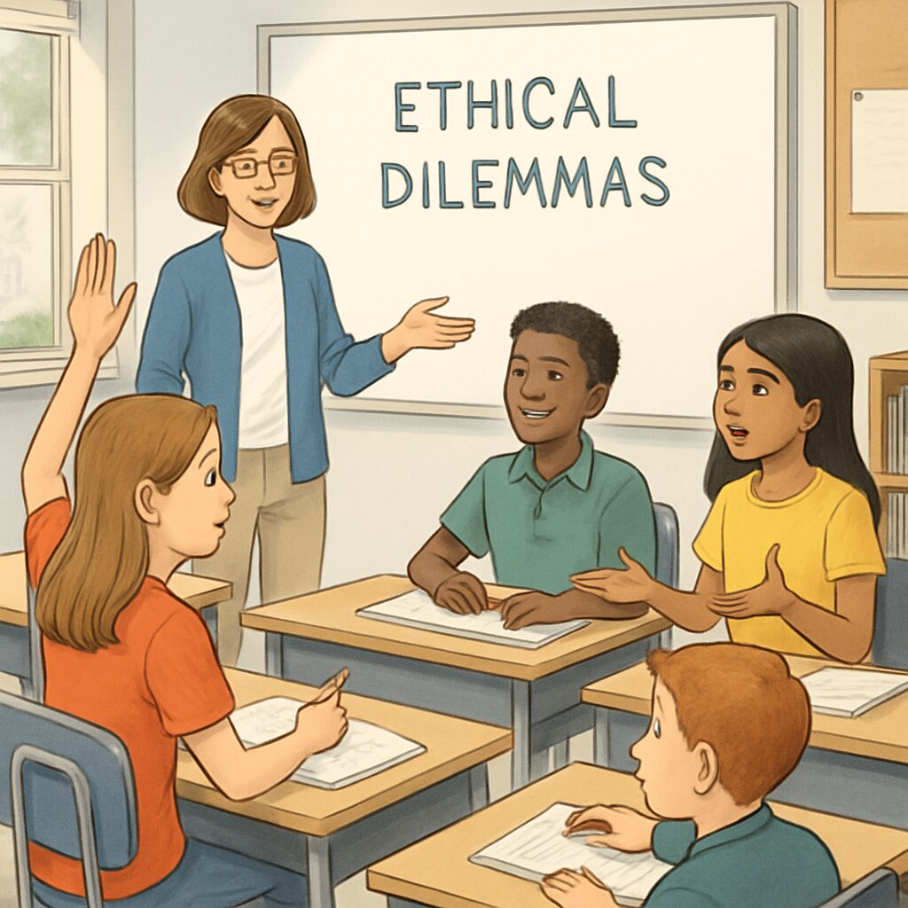 Illustration of young students engaging in a classroom discussion about ethical dilemmas, suitable for K12 education. Students discussing ethical dilemmas in a K12 classroom setting.
