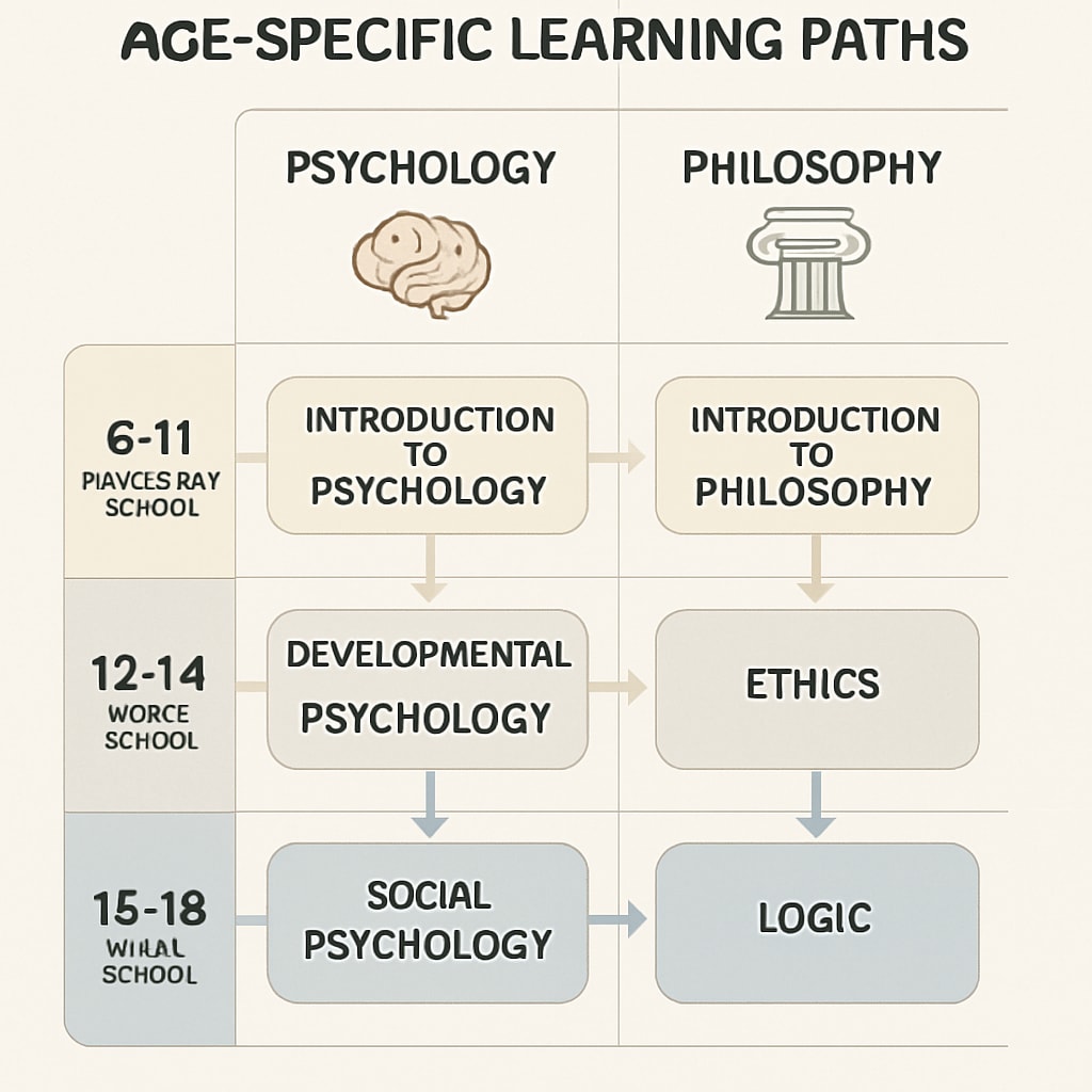 A flowchart showing age-specific learning paths for psychology and philosophy in K12 education. Visual representation of learning paths for psychology and philosophy by age group.