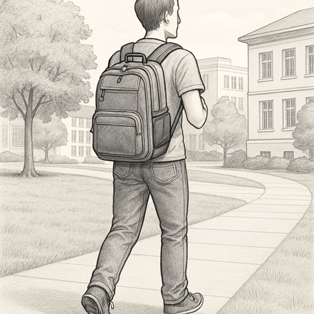 A student walking on a college campus carrying a durable, spacious backpack. College student with a spacious and affordable backpack.