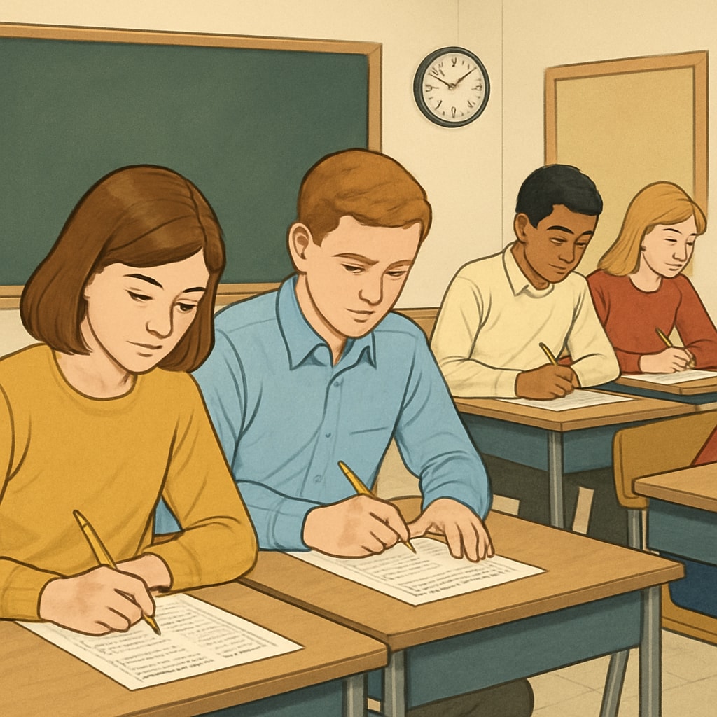 A classroom setting with students taking a traditional standardized test, highlighting the limitations of conventional examination formats. Students taking a standardized test to represent traditional competitive exams.