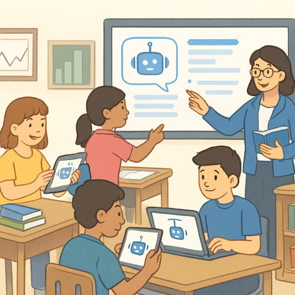 A classroom setting where students are using AI-based tools to enhance their learning experience. Students using AI-driven tools for competitive exam preparation.