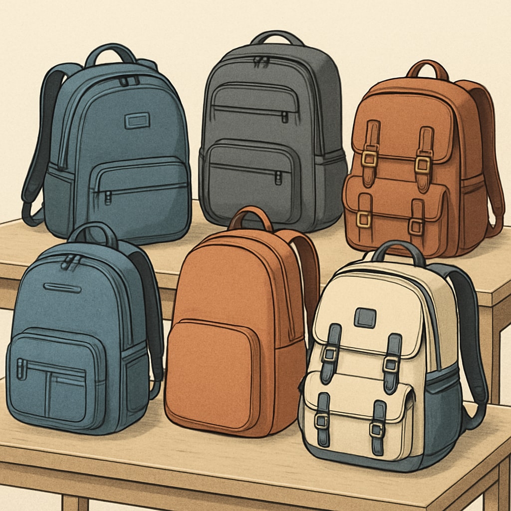 A variety of stylish and affordable college backpacks displayed on a table. Affordable and practical backpacks for college students.