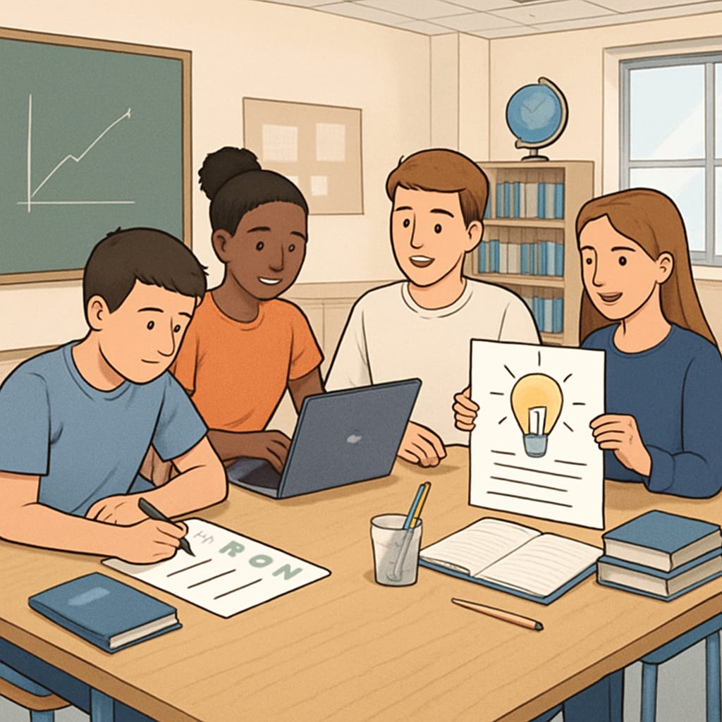 An innovative classroom setup featuring students collaborating on a project, showcasing a modern approach to assessments. Students working collaboratively on a project, reflecting modern talent selection approaches.
