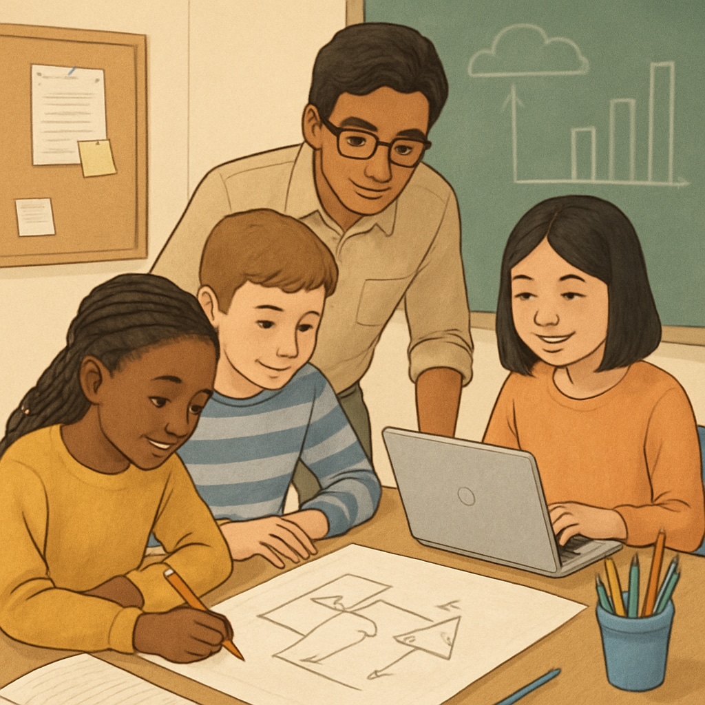 A mixed group of students working collaboratively on a project, showcasing skills like teamwork and creativity. Students collaborating on a project in a modern educational environment.