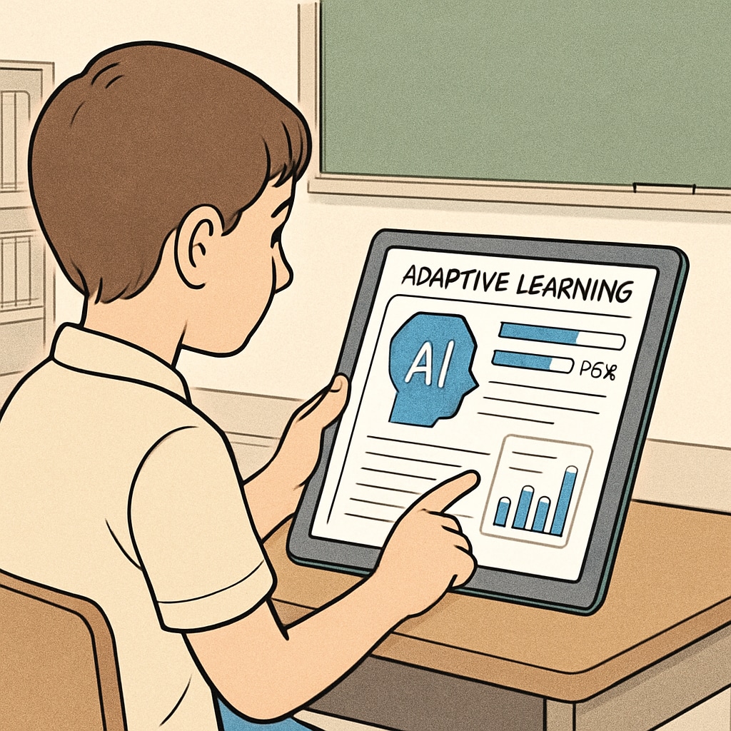 A student using an AI-based adaptive learning platform on a tablet. Student engaging with AI-powered adaptive learning software.