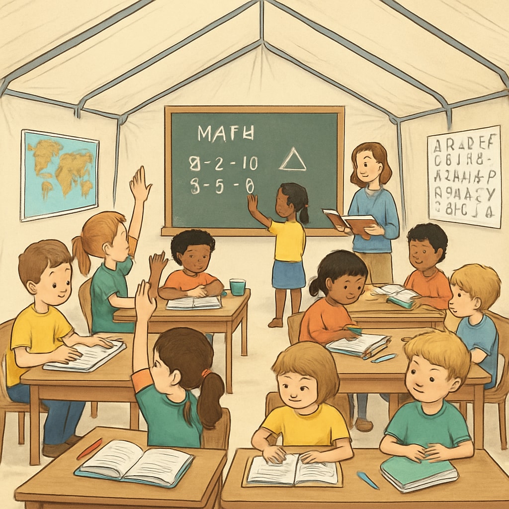 A temporary classroom in a school setting, featuring children engaged in learning activities. Temporary classroom with children learning, related to school relocations and primary memories.