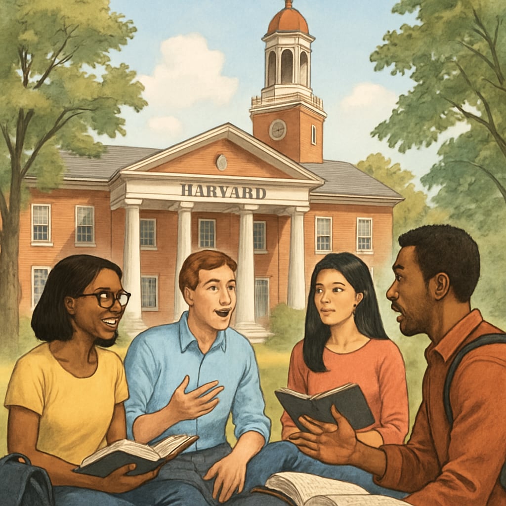 A Harvard University campus building surrounded by students discussing their studies. Harvard University campus building symbolizing academic life and holistic admissions.