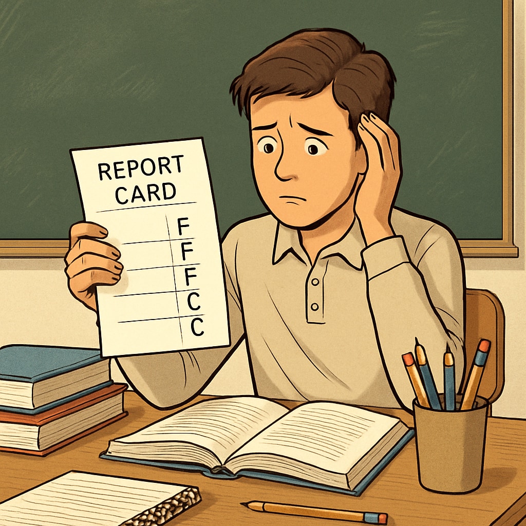 A high school student reviewing their report card with a concerned expression, symbolizing the stress of a single low grade in the context of elite college admissions. Concerned student reviewing their academic report card.