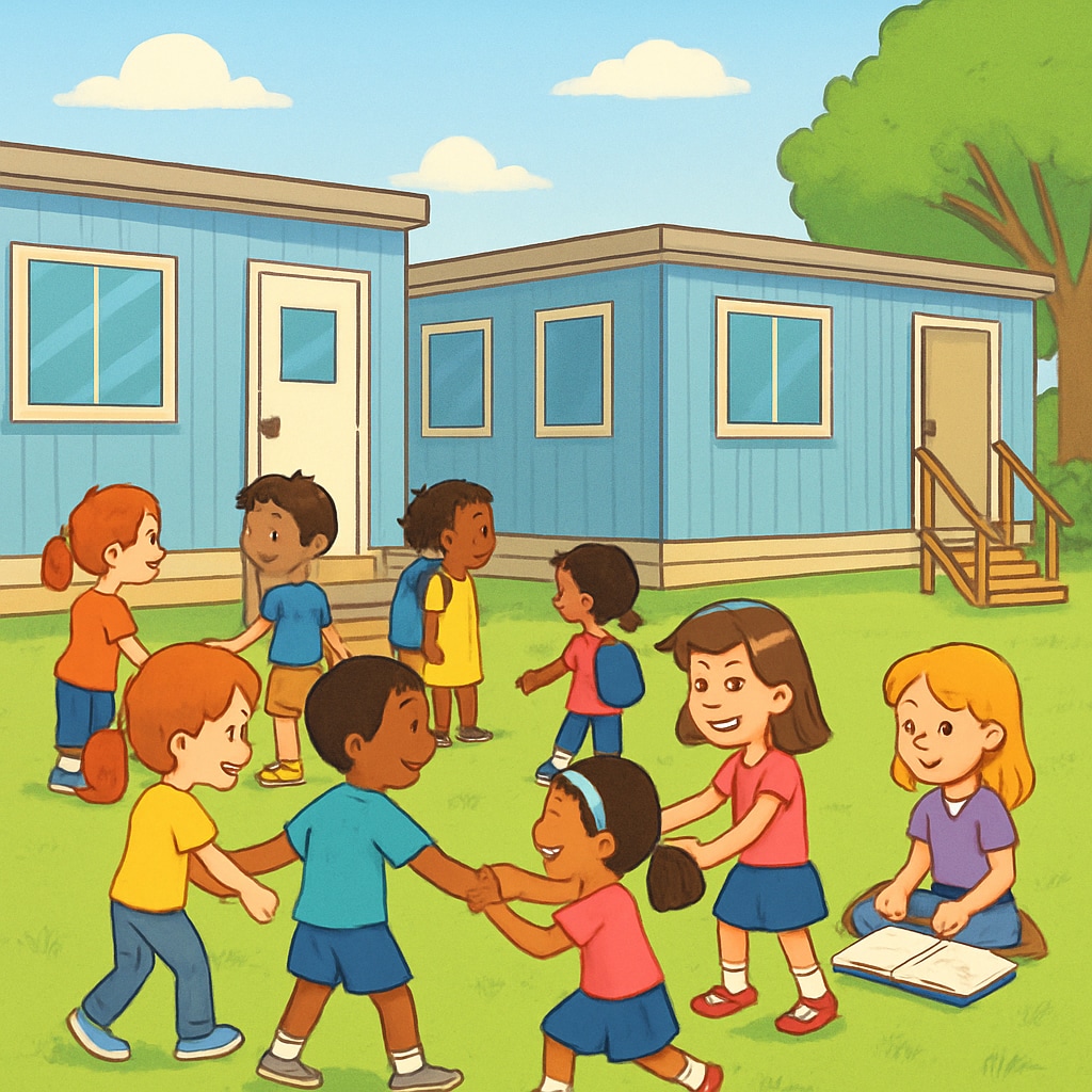 Children playing outside temporary classrooms, emphasizing social connections and adaptability. Children playing outside temporary classrooms, showcasing resilience in new school environments.
