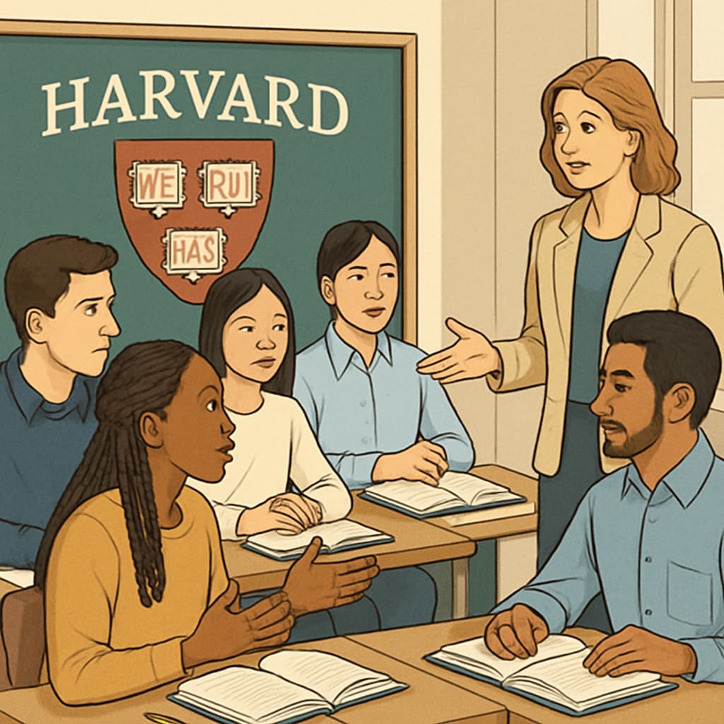 A diverse group of students participating in a classroom discussion at Harvard University. Diverse students at Harvard University representing the importance of holistic development.