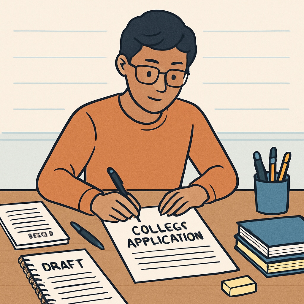A student confidently working on their college application, surrounded by notes and drafts, symbolizing the effort to present a well-rounded profile. Student preparing a strong college application to offset a low grade.