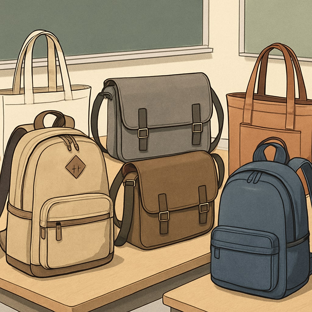 A variety of college bag styles, including backpacks, messenger bags, and tote bags, displayed on a classroom table. Different styles of college bags for various needs.