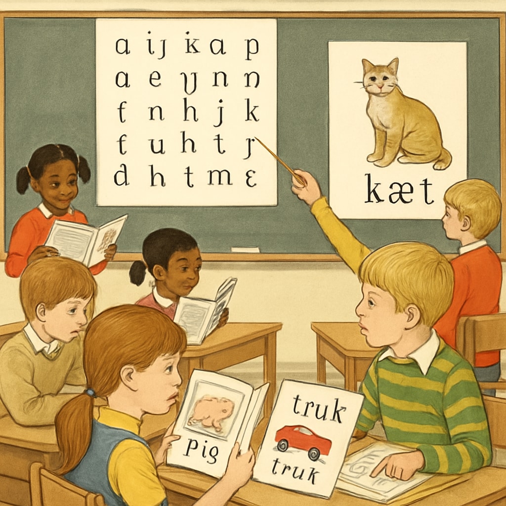 A classroom from the 1970s with children using Initial Teaching Alphabet materials, emphasizing the unique phonetic characters used in the method. Classroom teaching with Initial Teaching Alphabet materials, showcasing phonetic learning.
