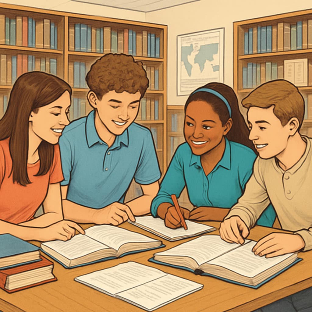 A group of high school students studying together in a library, showcasing collaboration and learning. High school students collaborating in a library to explore supplemental education resources.
