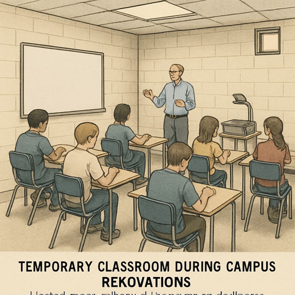A temporary classroom setup with limited space and facilities, showcasing the challenges faced by students during campus renovations. Temporary classroom setup illustrating limited space and resources during campus renovations.
