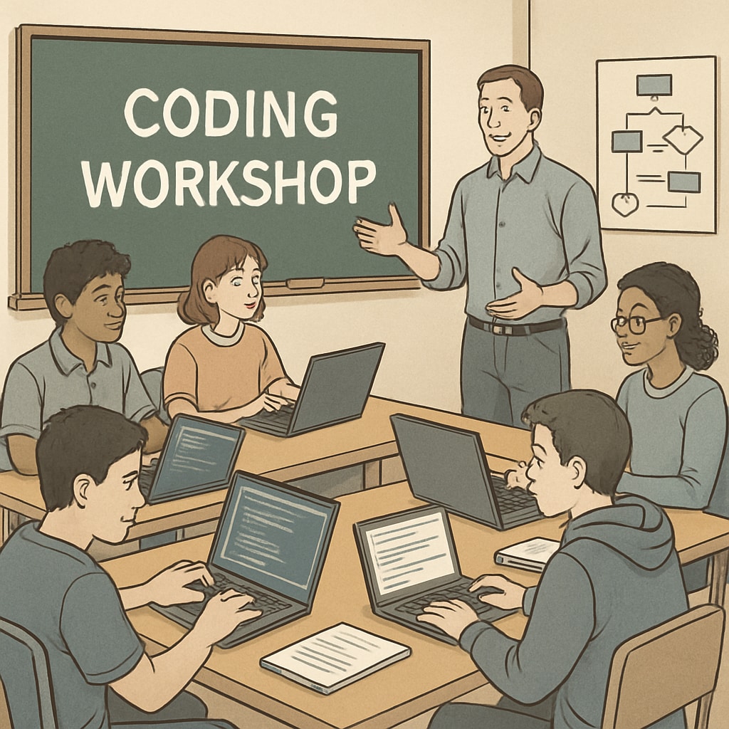 A group of high school students engaging in a coding workshop, representing extracurricular learning opportunities. High school students participating in a coding workshop as part of extracurricular learning.