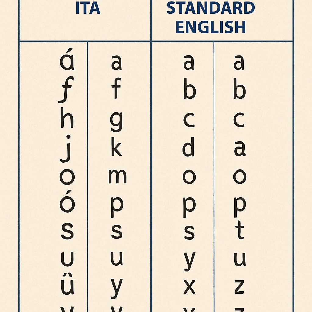 A comparison chart showing ITA characters and their corresponding standard English equivalents, illustrating the complexity of transitioning between systems. Chart comparing ITA characters to standard English letters, highlighting spelling challenges.