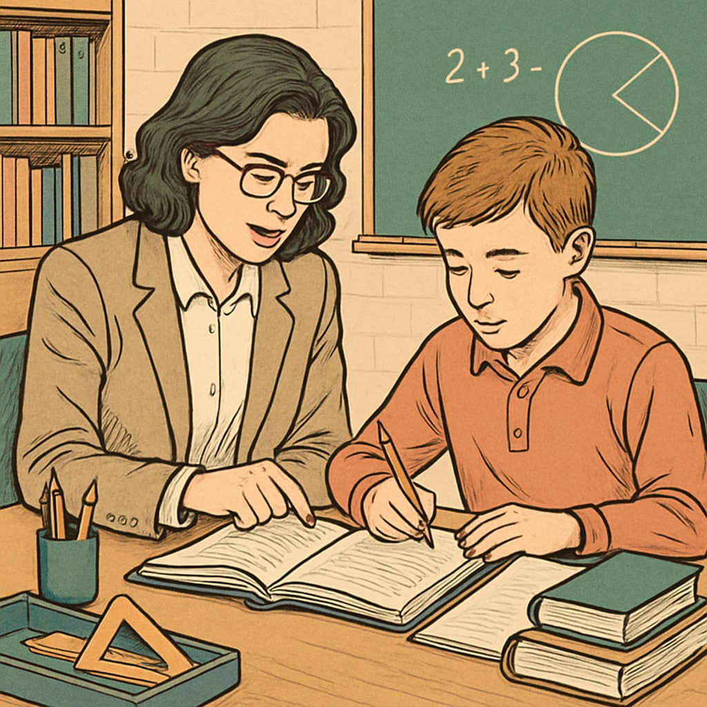 A tutor working one-on-one with a student at a desk, emphasizing personalized learning. A tutor providing personalized learning to a high school student as part of paid education resources.