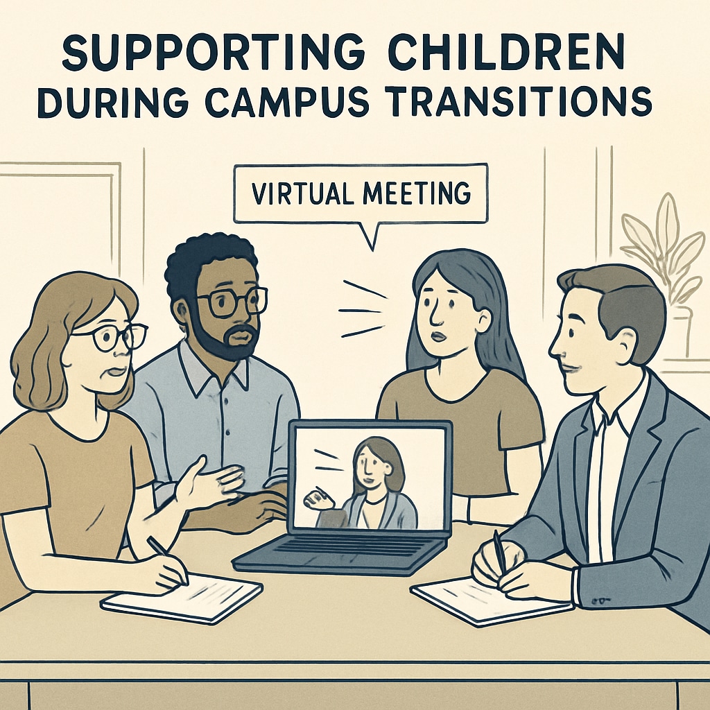 A group of parents attending a virtual meeting with teachers, discussing how to support their children during campus transitions. Parents and teachers collaborating in a virtual meeting to address challenges during campus renovations.