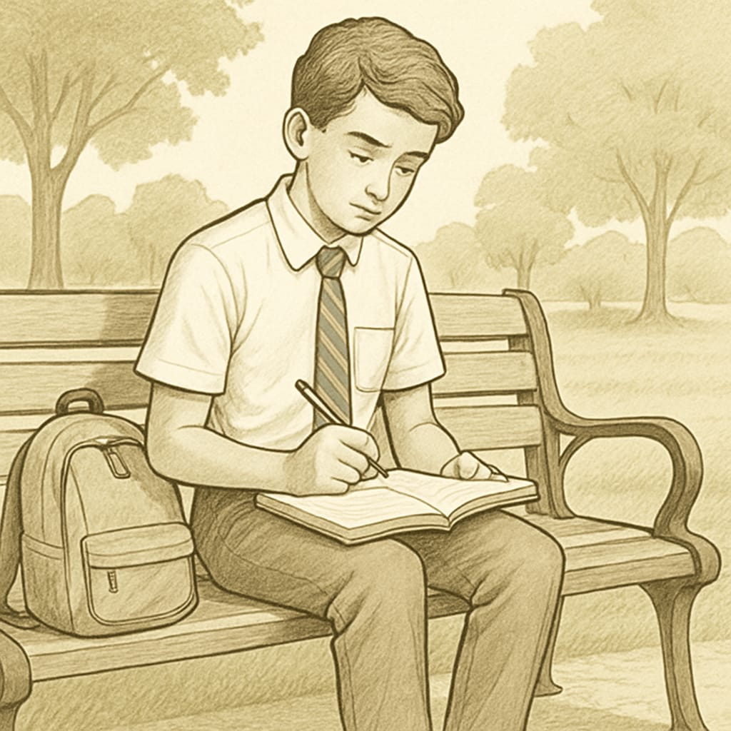 A high school student writing in a journal while sitting in a park, illustrating the importance of personal growth alongside academics. A high school student journaling outdoors, reflecting the balance between academics and personal growth.