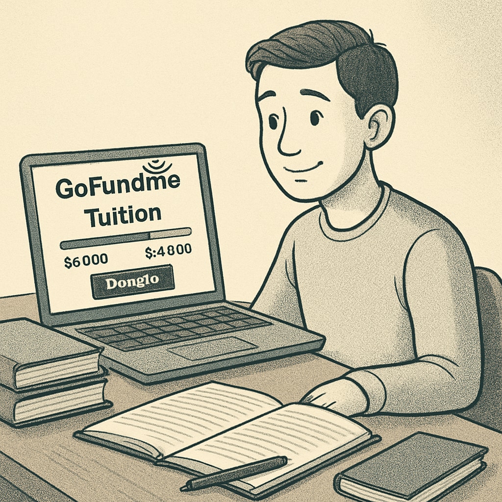 A college student sitting at a laptop with a GoFundMe campaign open, looking hopeful. This image illustrates the theme of students turning to crowdfunding for tuition. A student using GoFundMe to fund their college tuition.