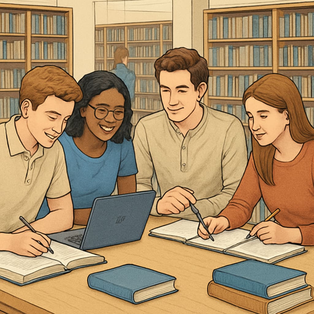 Students collaborating in a study group at a university library, showcasing teamwork and peer learning. Study group at university library with students working together, related to learning communities.
